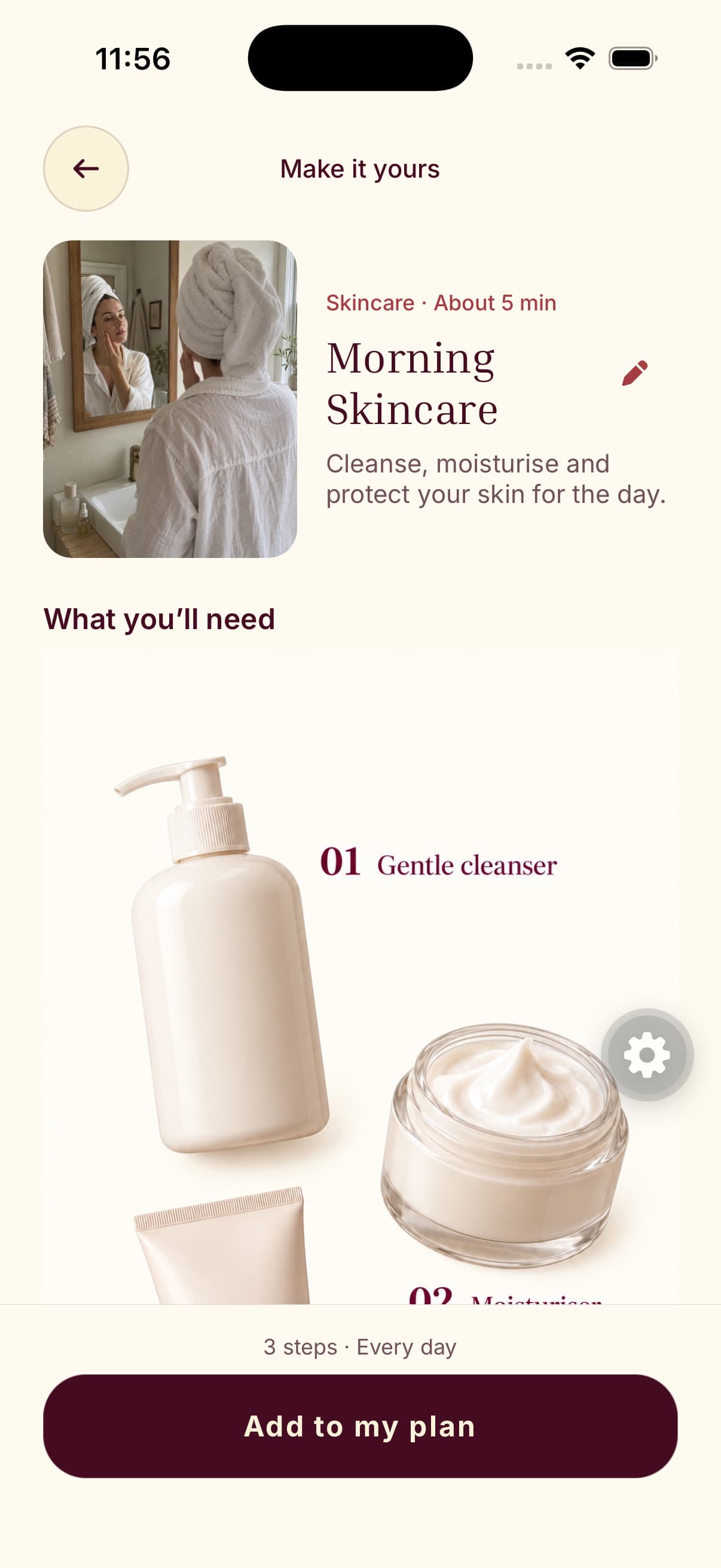Maia’s Morning Skincare routine, with cleanser and moisturiser supplies and an Add to my plan button
